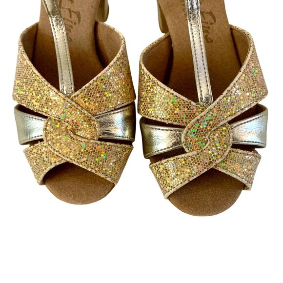 Very Fine Soft Gold Glitter Latin Dance Shoes Cuban Heel Open Toe Size 5 Leather - Picture 6 of 8